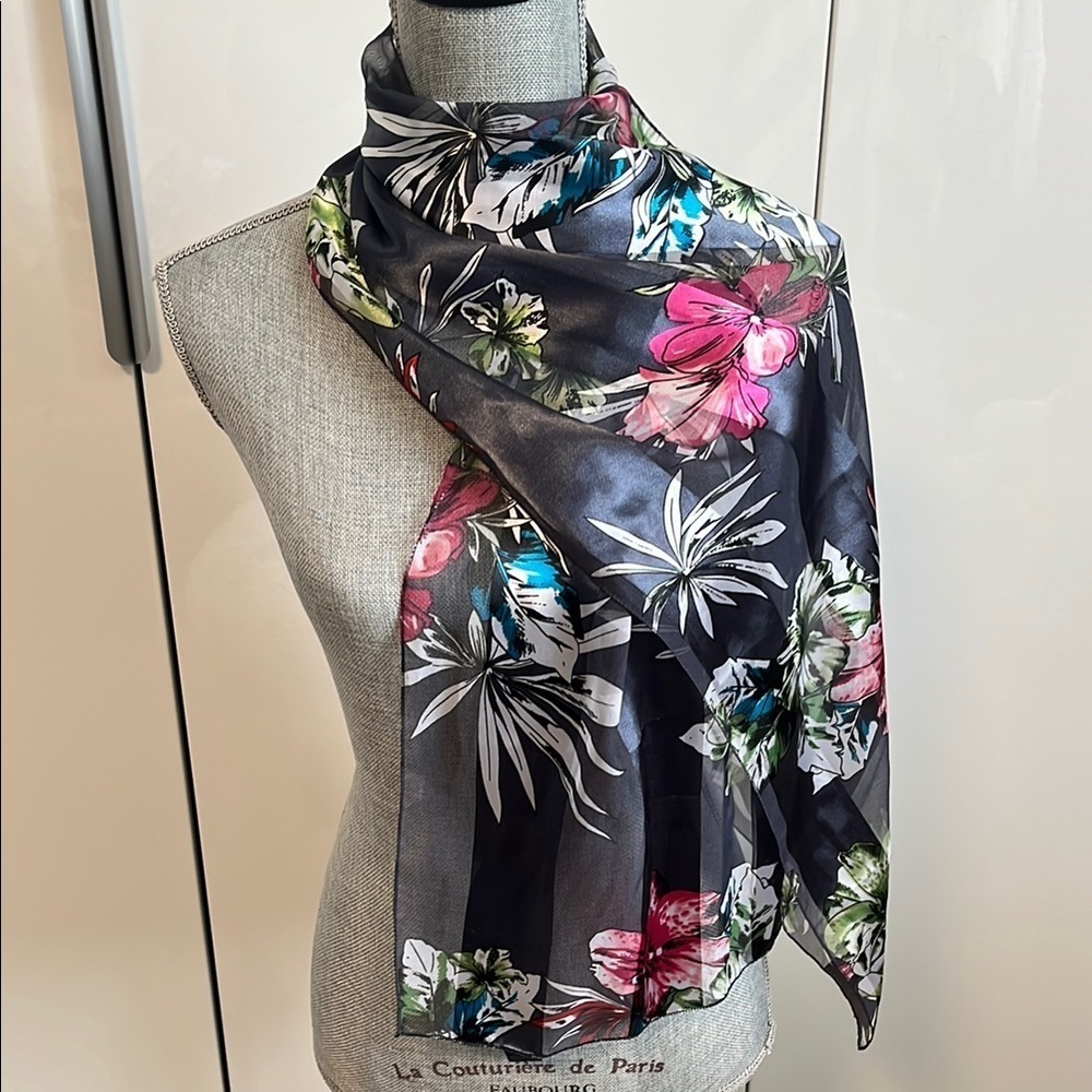 NWOT Pink Floral Patterned Black Striped Scarf Silk Feel, 59x13 inch - Picture 3 of 7
